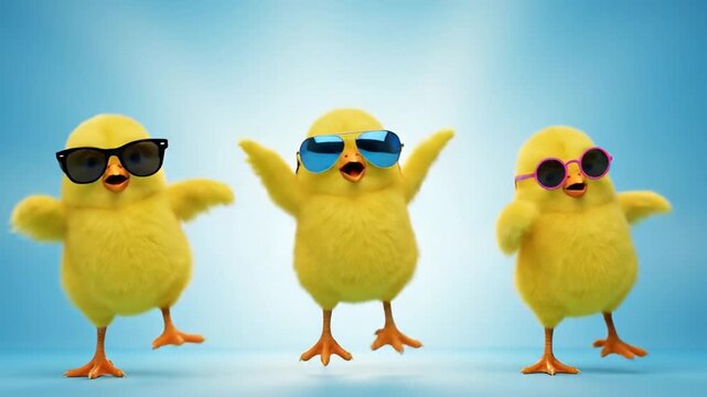 Yellow Easter chick dancing actively wearing stylish sunglasses