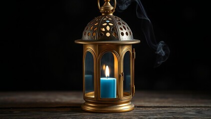 Elegant golden lantern with blue candle
