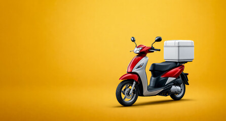 Delivery scooter parked on an yellow background with copy space for text