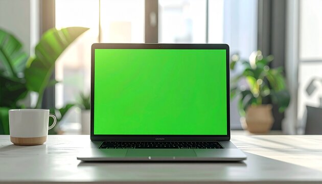 A modern laptop with a vibrant green screen sits on a white table, ready for creative work and digital endeavors