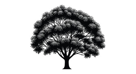 A dense dark tree with sprawling branches and lush foliage is presented as a striking silhouette high quality © jivect02