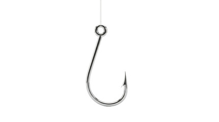 Polished chrome fishing hook 3d render on white background. Realistic metallic tackle equipment for angling and sport.