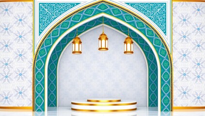 Ornate islamic archway with hanging lamps