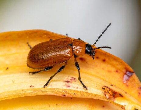 A detailed macro shot reveals a brown beetle perched on a vibrant, orange, petal