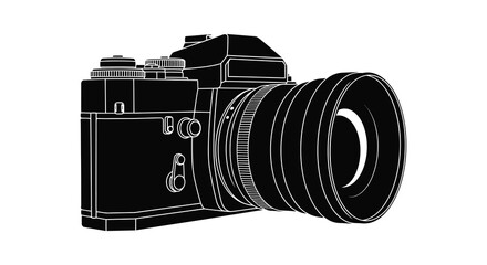 A striking black outline depicts a classic single lens reflex camera showcasing its detailed form as a silhouette © jivect02