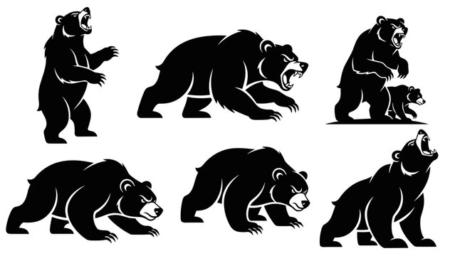 Collection of Black Bear Silhouettes in Various Poses.
