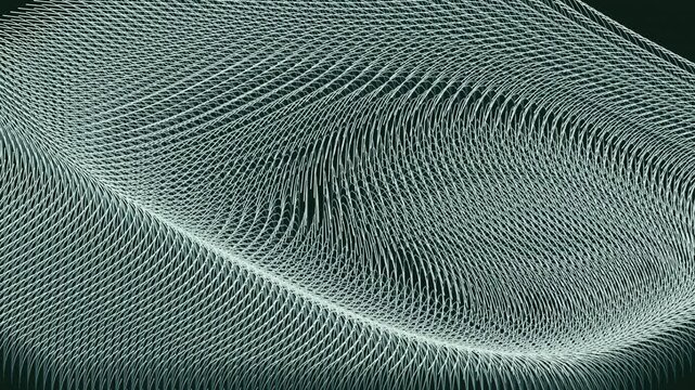 Procedural velvet wind simulation with high-density strands moving in a seamless loop. Geometric flow field swaying in varied teal and mint gradients. 3D computed animation for backgrounds.