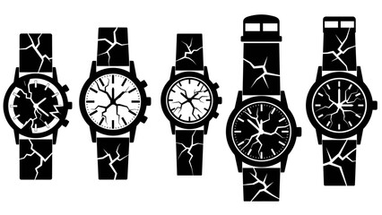 Collection of five broken wristwatches with cracked faces and straps.