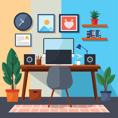 Cozy Home Office Interior with Computer Desk, Plants and Wall Decor Flat Vector