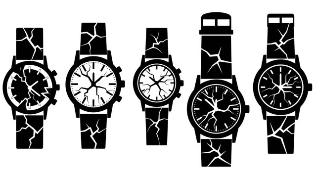 Collection of five broken wristwatches with cracked faces and straps.