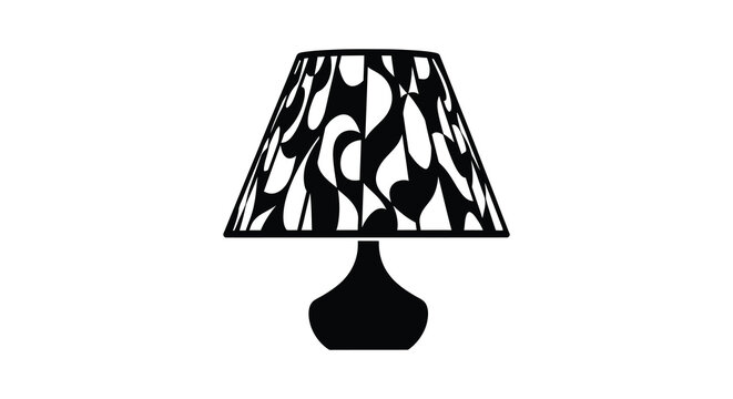 A striking black and white illustration of a patterned lampshade atop a simple lamp base silhouette high quality professional detailed
