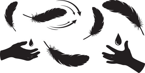 Fototapeta premium Silhouette of hands holding and dropping feathers gently