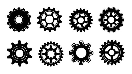 Collection of eight distinct gear wheel silhouettes, representing mechanical engineering and industrial design.