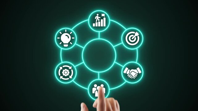 A digital infographic illustrating the core concepts of LMS, with bright neon icons and a human finger and business innovation goal success graph, perfect for technology and business AI presentations.
