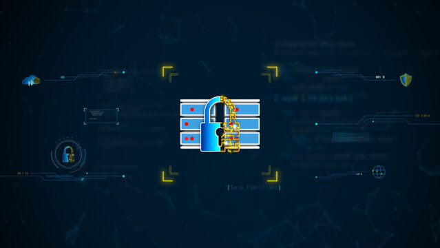 AI data protection system with secure server lock, cybersecurity shield, digital network security technology