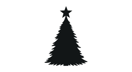 A stark black christmas tree shape stands prominently against a plain white background creating a striking silhouette © jivect02