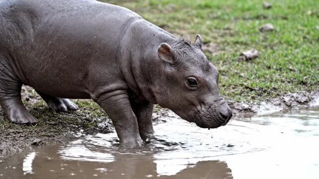 Young hippopotamus standing near a muddy water puddle.