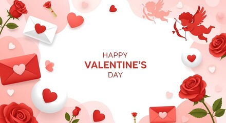 A festive Valentine's Day graphic with hearts, roses, and Cupid