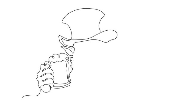 leprechaun in a hat with a beer mug, St. Patrick's Day,  Self drawing animation one continuous line draw, logo on white background