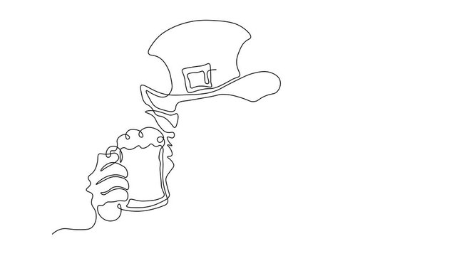leprechaun in a hat with a beer mug, St. Patrick's Day,  Self drawing animation one continuous line draw, logo on white background