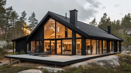 Obraz premium Modern Black Cabin in Scandinavian Forest