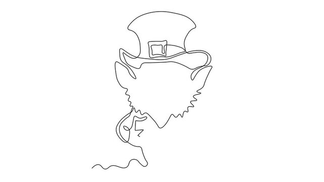 leprechaun in a hat, St. Patrick's Day,  Self drawing animation one continuous line draw, logo on white background