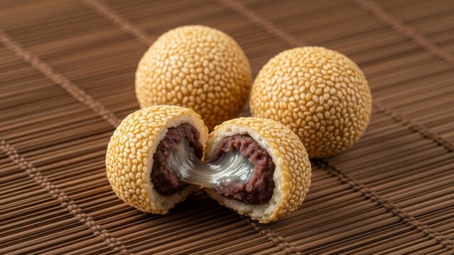 Sesame Balls with Red Bean Paste Filling, Asian Sweet Snack, Close-up