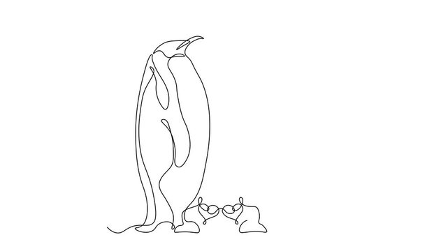 Two loving penguins and hearts, Valentine's day, love. Self drawing animation one continuous line draw, logo on white background