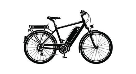 Obraz premium A detailed black outline depicts a modern electric bicycle with a rear rack and prominent battery silhouette
