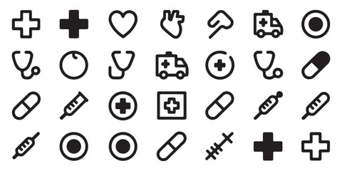 Hospital emergency service icons with circular pill medicine and thermometer symbols for interface