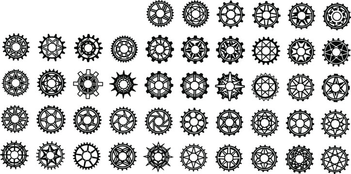 Gear cogwheel silhouette set vector illustration mechanical engineering industrial technology machine wheel collection black white design bundle icons pack