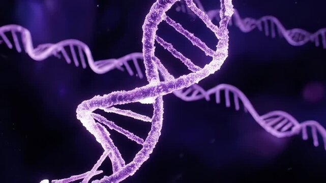 A 3D animation of a DNA double helix structure rotating in a dark, purple-lit environment from a close-up viewpoint, 2026-01-25T09-47-08_wild_type_p53_dimer.mp4