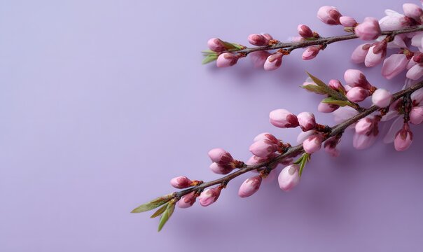 the Frutiger Aero aesthetic, shot in soft, low-contrast light and warm spring sunlight. It depicts cherry tree branches with tightly closed, unopened buds, some of the blossoms just beginning to open