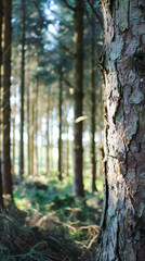 Obraz premium Tall trees stand in a forest with sunlight shining through the branches and illuminating the ground in the early morning hours