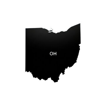 Perfect, matte black vector silhouette of the state of ohio (oh) isolated on a stark white infinity background with subtle shadow and copy space. Minimalist geographic identity concept