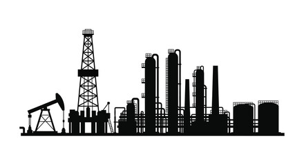 Naklejka premium A stark black silhouette depicts an oil field and refinery complex against a bright undefined background silhouette