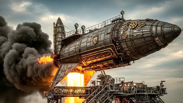 Steampunk Airship Launching with Explosion and Smoke.