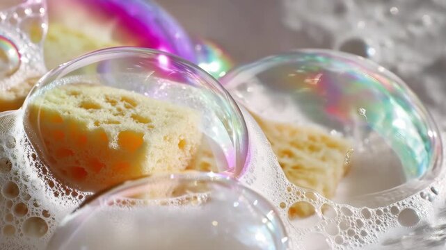 Macro view of yellow Swiss cheese slice trapped inside large iridescent soap bubble with white foam
