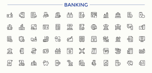 Set of Banking line icon. Contain linear sign accounting, audit, balance, money, credit, tax and more. UI icons set in a thin style. Income icon set. Editable stroke vector art.