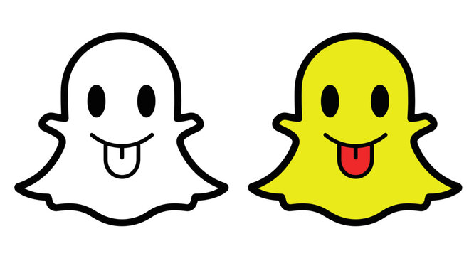 Snapchat logo in cartoon ghost characters style with different facial expressions and colors displayed side by side in a simple illustration style
