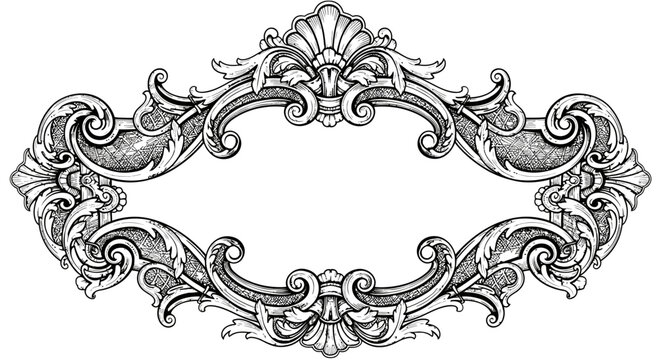 An intricate black and white ornate frame with floral and scrollwork designs on a clear background, viewed from directly above, showcasing its detailed pattern.