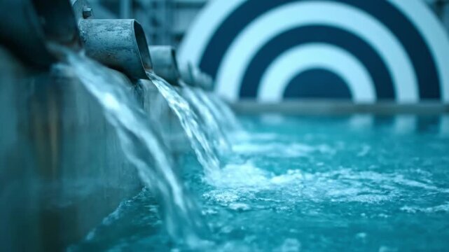 Close-up of water flowing from a pipe into a modern urban wastewater treatment plant pool with a blue hue and circular patterns in the background.