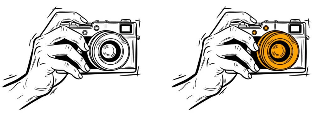 Hands holding camera, capturing moment, object focus, action scene, photography event, artistic illustration, creative viewpoint, visual expression
