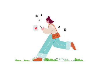 スマホを見ながらスキップする女性