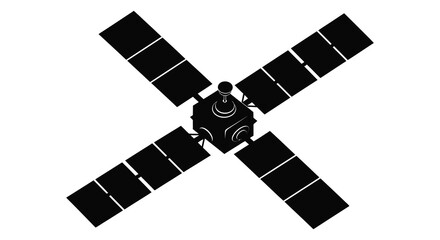 A stark depiction of a satellite in space featuring large solar panels and a central hub silhouette © jivect02