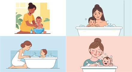 Mother bathing baby in tub with bubbles