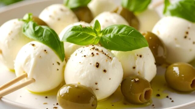 Delicious Caprese salad skewers with fresh mozzarella, basil, and olives, perfect for a light meal.