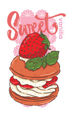 Kawaii Strawberry Macaron Illustration - Sweet French Pastry with Cream Filling and Fresh Mint for Valentine's Day