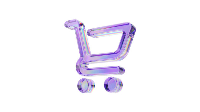 Shopping cart icon in holographic glass material. 3D rendered e-commerce symbol with iridescent finish on white background.