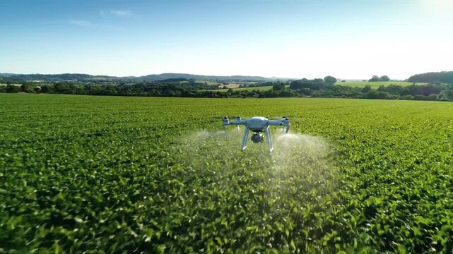 Drone Flying Over Green Field Spraying.